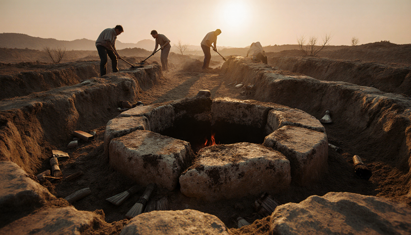 Archaeologists brushing away dirt from ancient stone hearth with golden dawn light and charred wood remains.