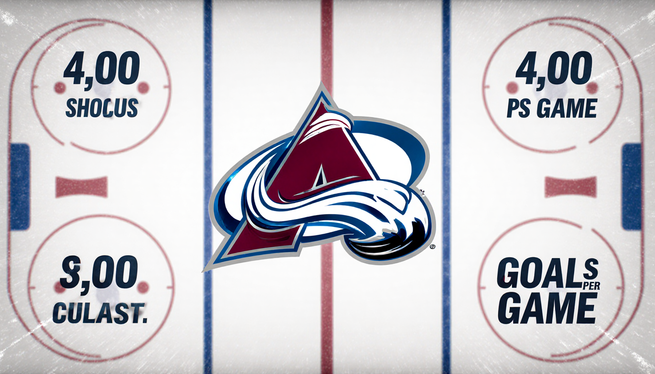 Avalanche logo glimmering metallic on hockey rink with stats and dynamic lines.
