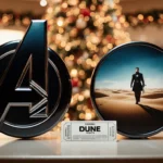 Two superhero logos compete on a crowded ticket counter with holiday lights and a single movie ticket between them.