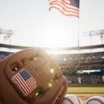 Glove holding baseballs and bats with Team USA logo in bright stadium sunlight and American flags waving behind