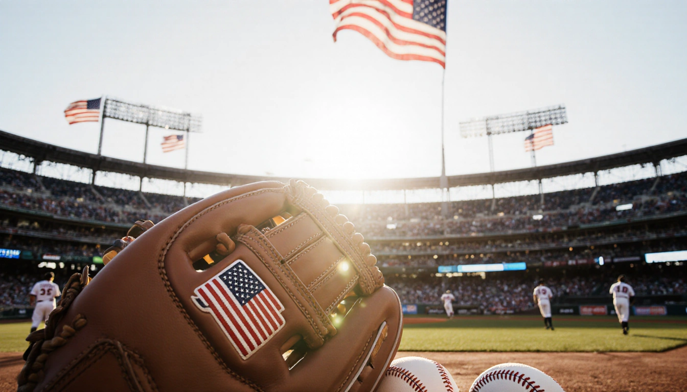 Glove holding baseballs and bats with Team USA logo in bright stadium sunlight and American flags waving behind