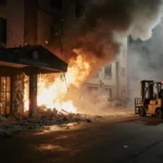 Explosion rips through the shattered nursing home facade with flames and smoke billowing and emergency vehicles in background