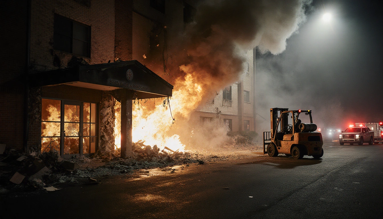 Explosion rips through the shattered nursing home facade with flames and smoke billowing and emergency vehicles in background