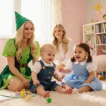 Britney Spears smiling while playing with twins dressed as Peter Pan and Wendy on plush carpet with pastel toys in nursery