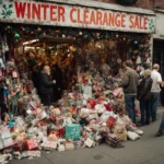 Shoppers browse holiday gifts in a crowded thrift store with bright signage and sidewalk displays
