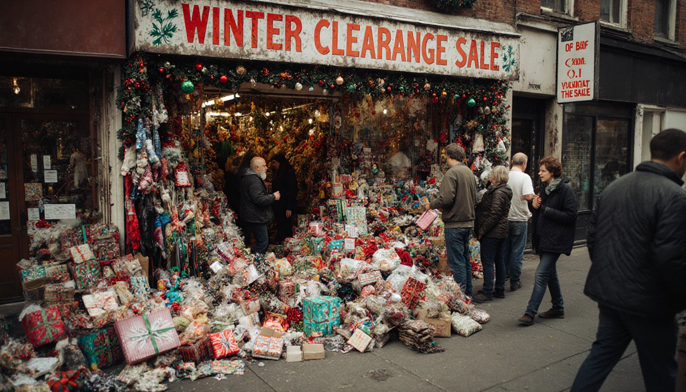 Shoppers browse holiday gifts in a crowded thrift store with bright signage and sidewalk displays
