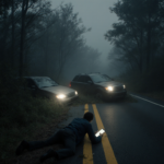 Two cars crash into dark woods with headlights glowing and a lone figure lying on ground lit by phone in misty night.