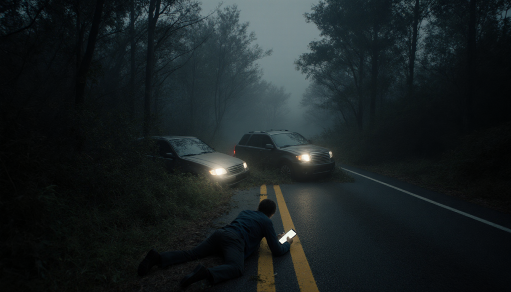 Two cars crash into dark woods with headlights glowing and a lone figure lying on ground lit by phone in misty night.