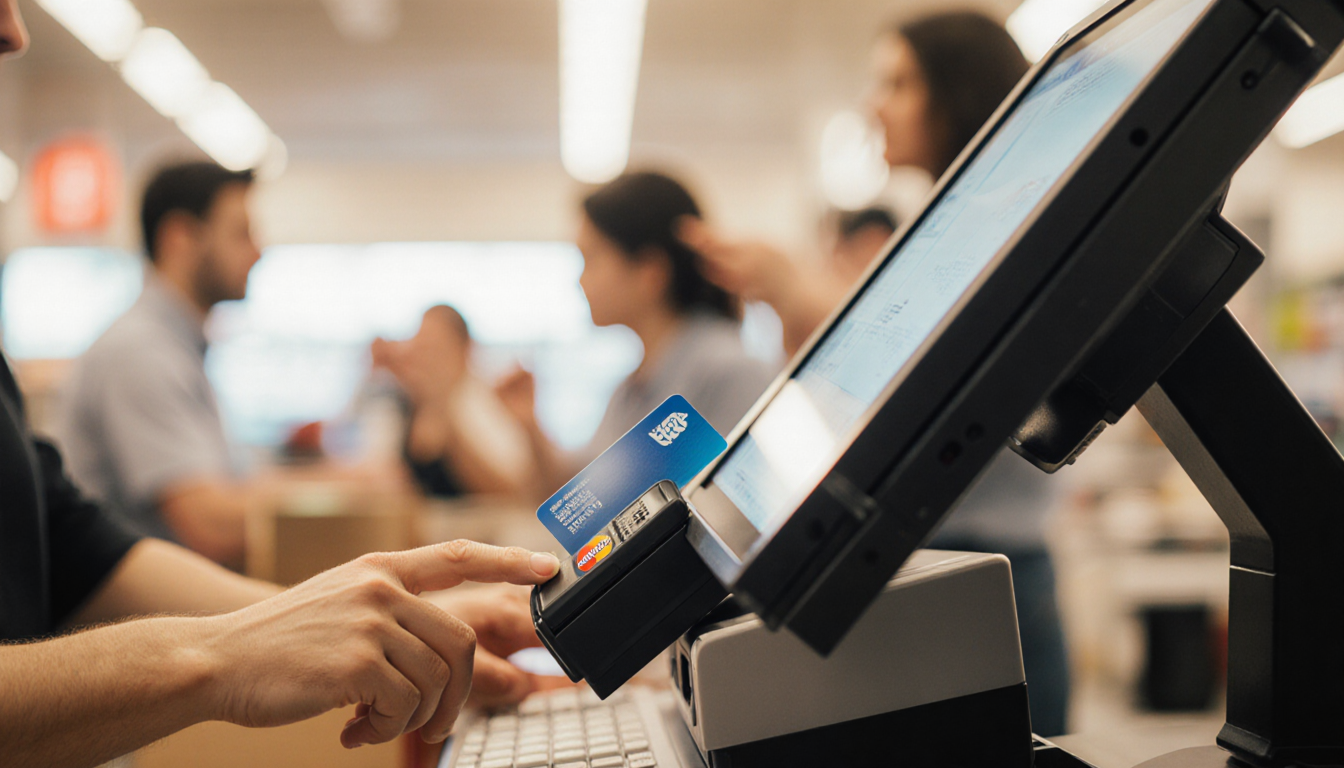 Clerk reaching to remove a card skimmer with a retail terminal screen and blurred cashier and customer hands in background