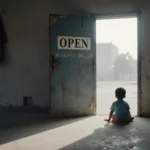 Child sits alone in a locked childcare center with a faded Open sign and harsh shadows hinting at fraud and mistrust