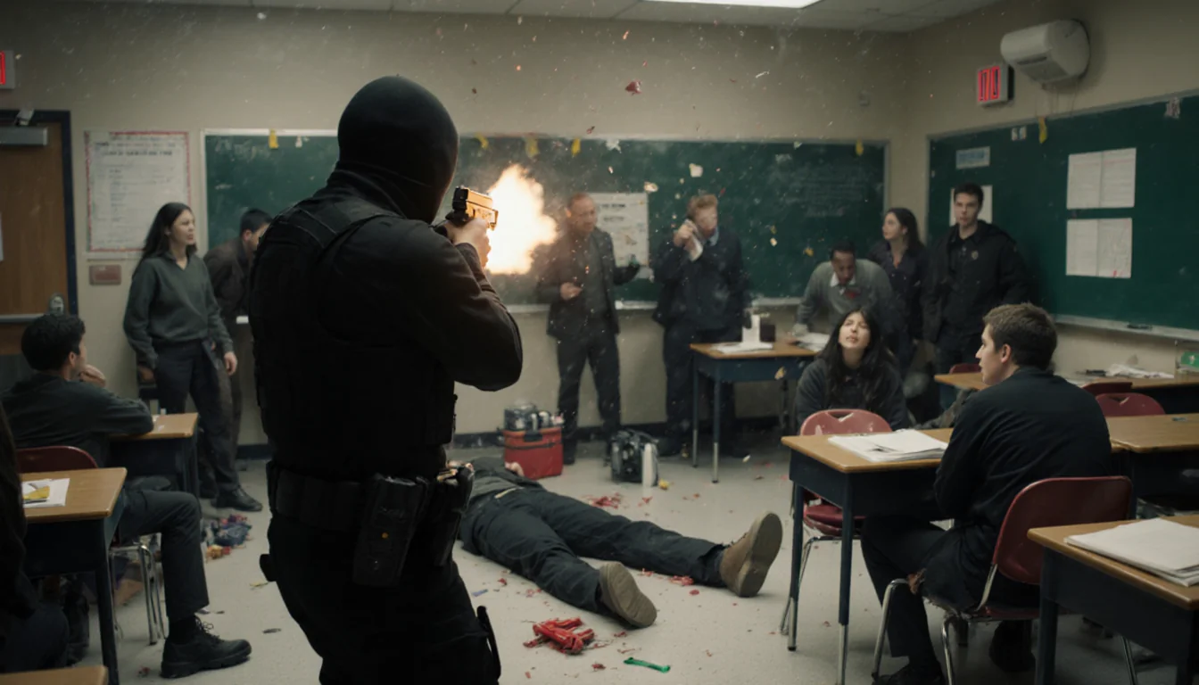Shooter in black attire firing into a chaotic classroom with fallen victims and scattered students