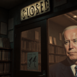 Retro store with closed sign displays dusty books and faded Joe Biden silhouette with soft warm lighting