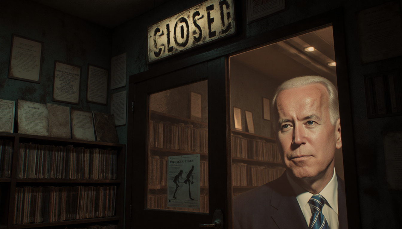 Retro store with closed sign displays dusty books and faded Joe Biden silhouette with soft warm lighting