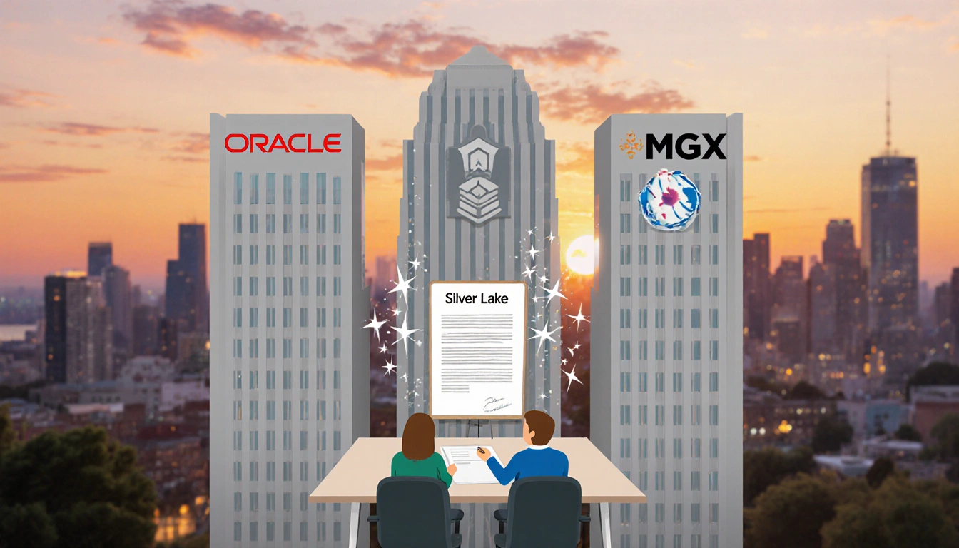 Three corporate towers stand with glowing logos and a contract table where two investors discuss agreements.