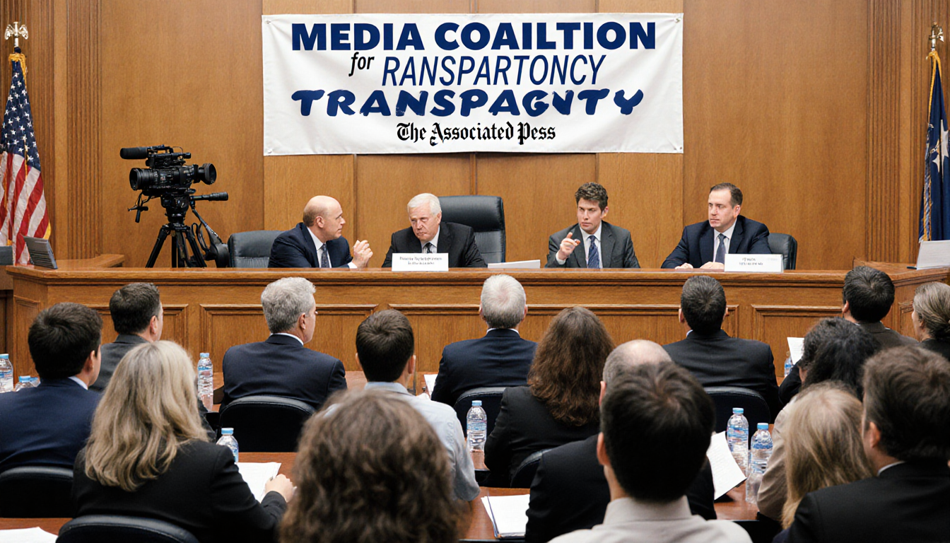 Reporters take notes at a courtroom table with banner reading Media Coalition for Transparency camera operator watches window