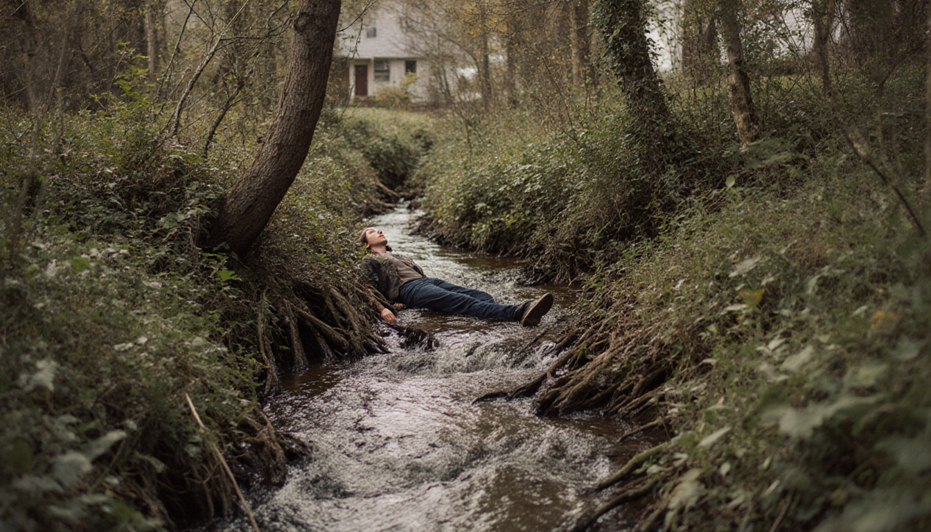 Human figure lying in creek bed with tree roots and dense foliage and showing calm yet somber serenity