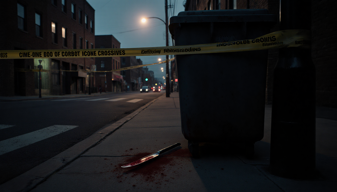 Knife lying on ground with bloodstains and police tape cord in dimly lit dawn street
