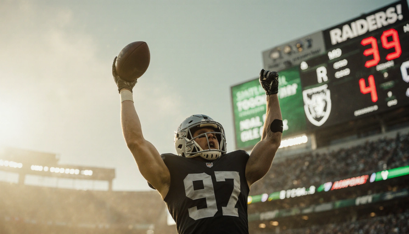 Dallas Goedert raising football with triumphant pose and bright Raiders scoreboard.