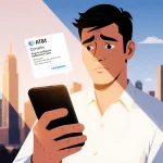 An anxious hand holding a smartphone with a data breach settlement notification with blurred AT&T cityscape in background.