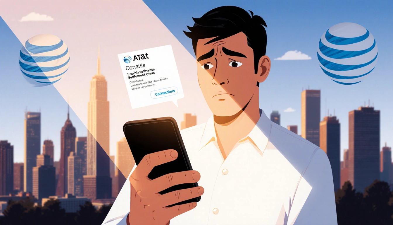 An anxious hand holding a smartphone with a data breach settlement notification with blurred AT&T cityscape in background.