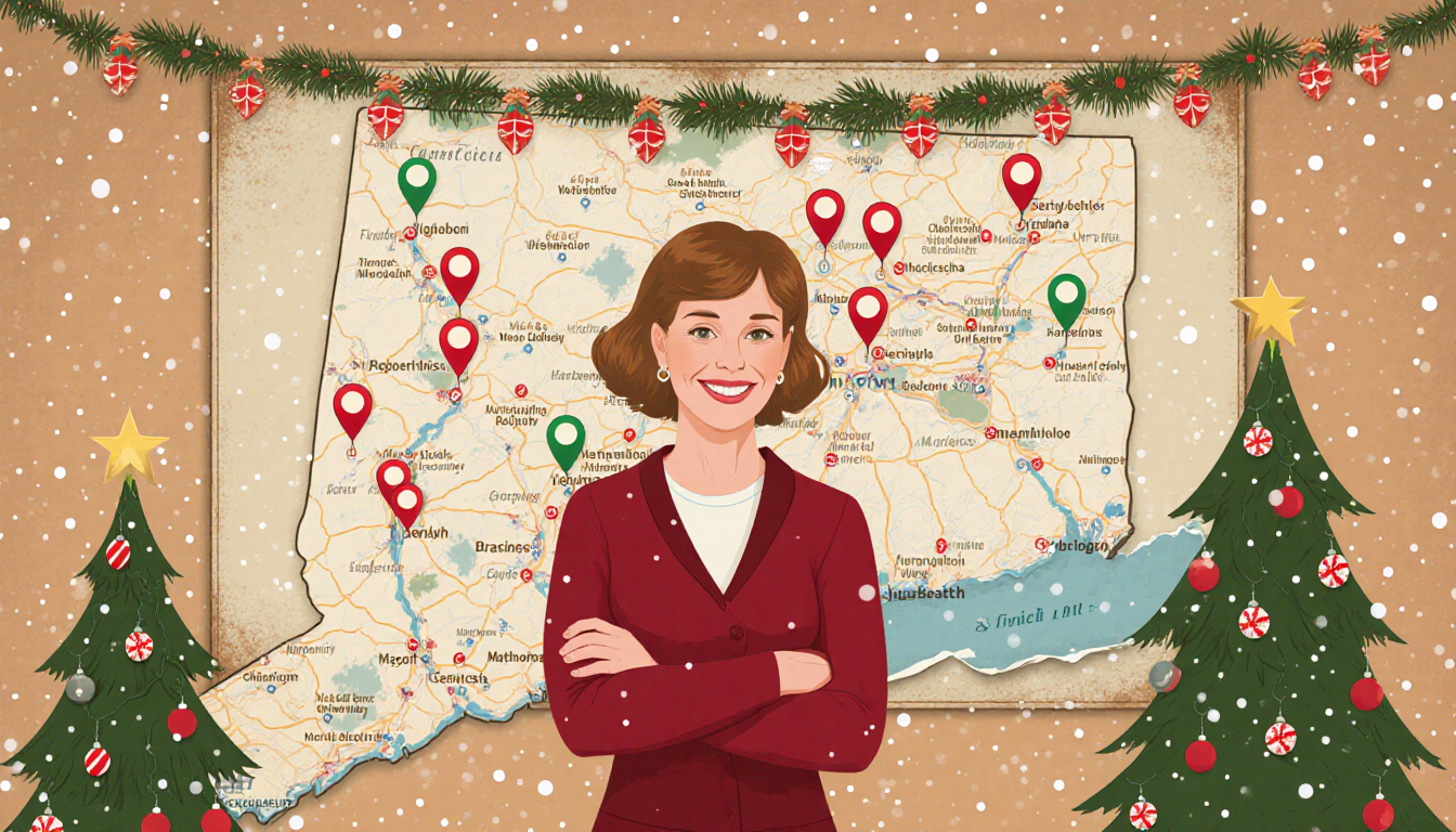 Debbie Mayfield standing before a vintage map with pins marking Connecticut tour trail sites and a small Christmas tree with
