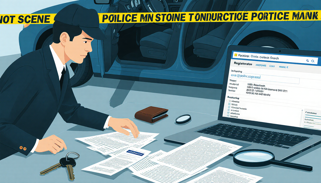 Detective searches for evidence with documents on a table and a laptop screen showing the suspect's address linked to vehicle