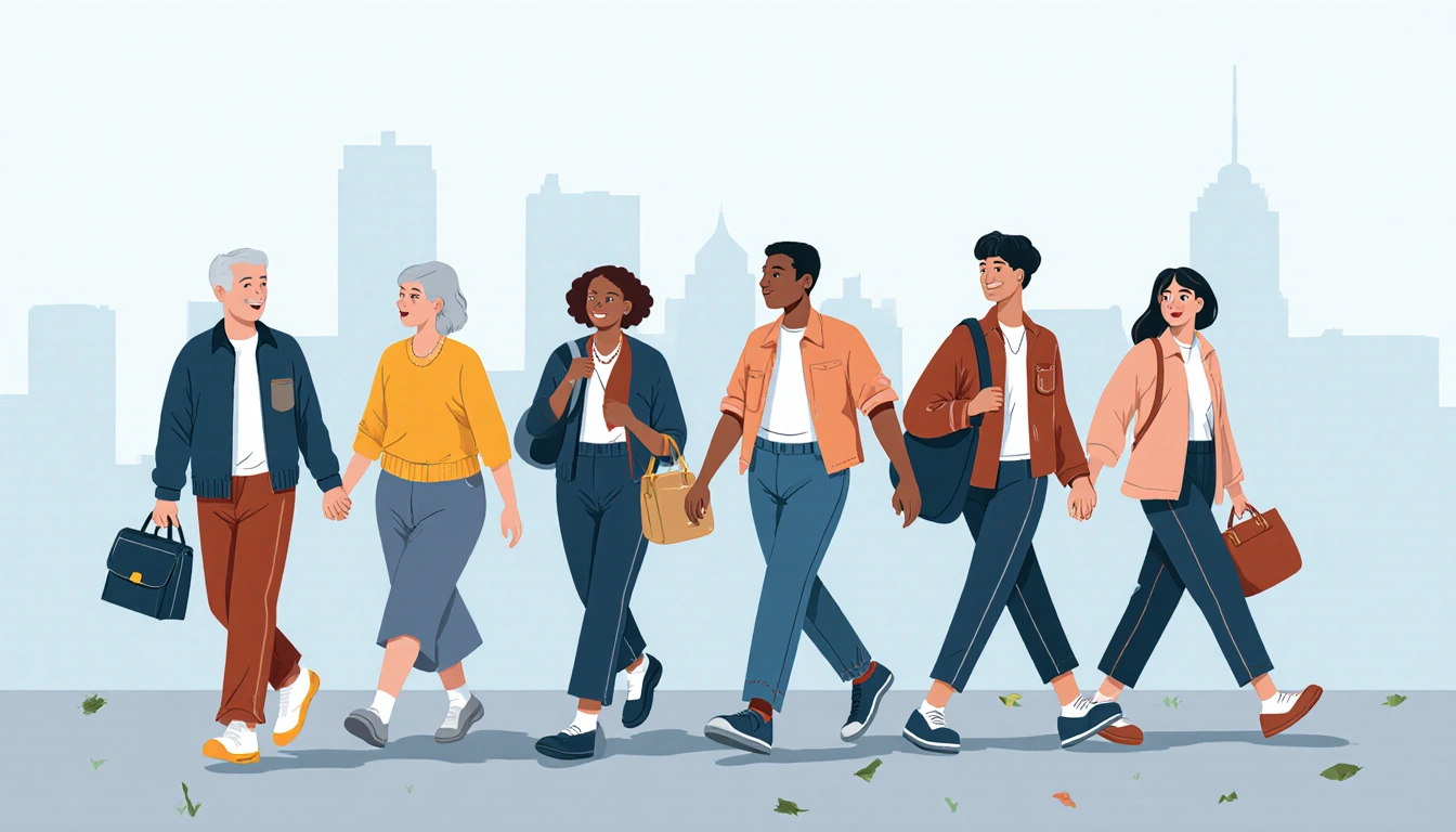 Adults walking hand-in-hand with diverse styles amid a subtle Philadelphia skyline.