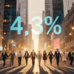 People walking in a human chain across a downtown street with a glowing financial screen showing 4.3% economic growth