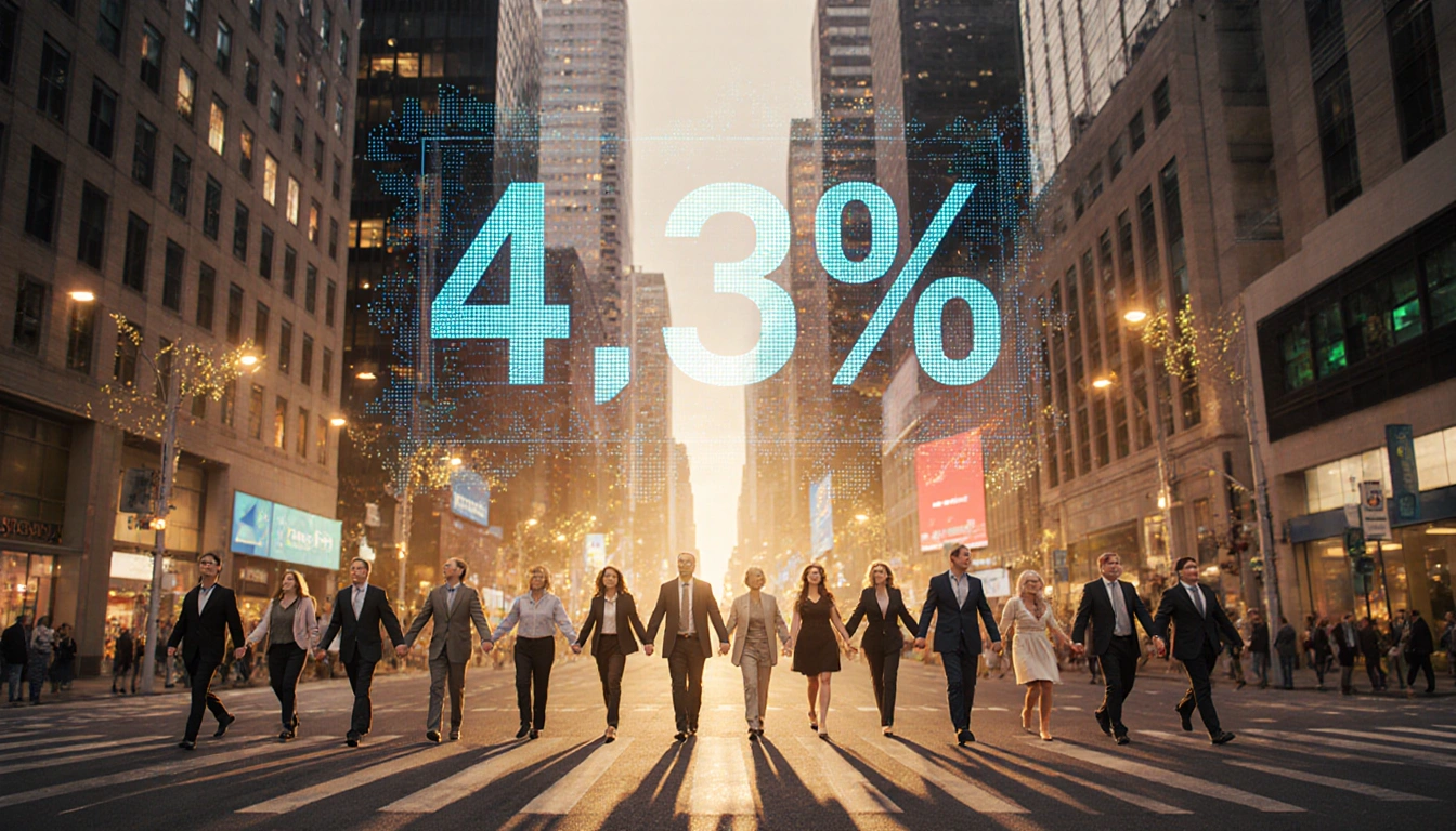 People walking in a human chain across a downtown street with a glowing financial screen showing 4.3% economic growth