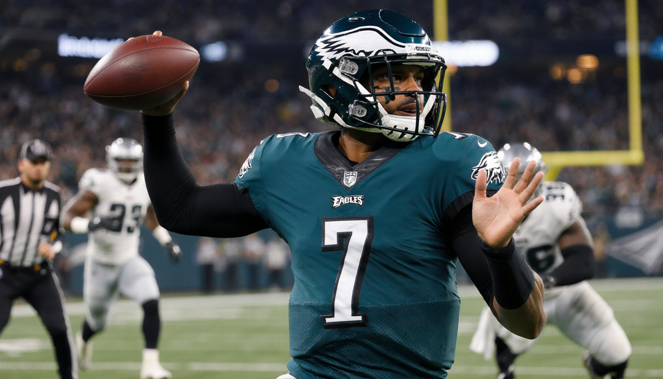 Quarterback Jalen Hurts throws football with focused expression and stadium lights glowing in background