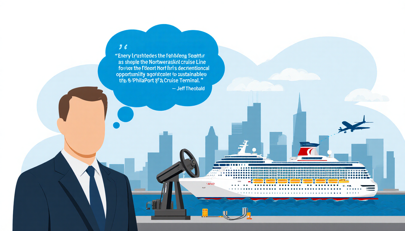 Jeff Theobald speaking with speech bubbles and Energy Transfer pump beside Norwegian cruise ship docked at PhilaPort.