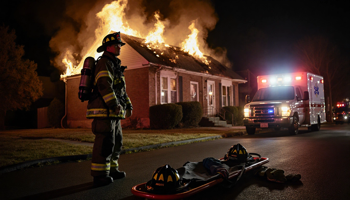 Firefighter standing outside a burning house with flames on the roof and an abandoned stretcher nearby and ambulance driving