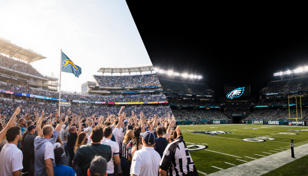 Football stadium splits a cheering Chargers crowd under sun beside a sparse Eagles arena with lights and a referee flag.