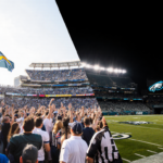 Football stadium splits a cheering Chargers crowd under sun beside a sparse Eagles arena with lights and a referee flag.