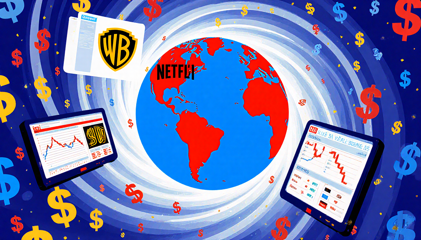 Stylized globe spins with swirling money symbols and Netflix and Warner Bros Discovery logos on its surface near TV screens.