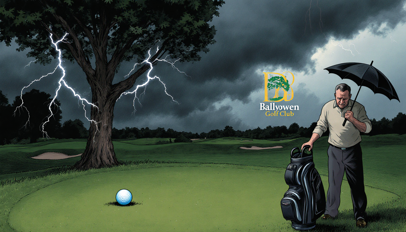 Father mourning beside golf bag with ball near lightning‑struck tree and stormy sky overhead