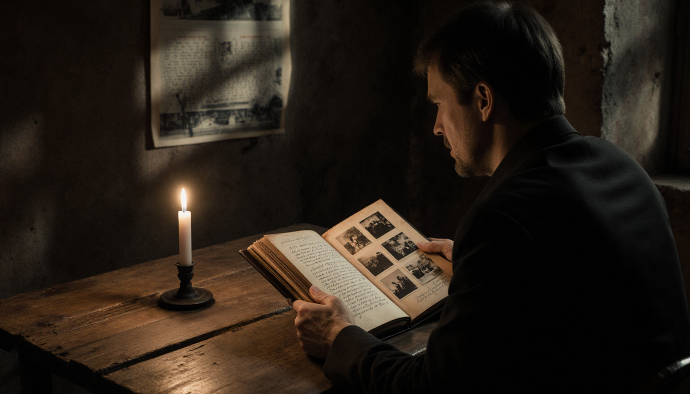 Haymitch holding a worn leather book with candlelight illuminating handwritten notes and photos near a faded memorial wall.