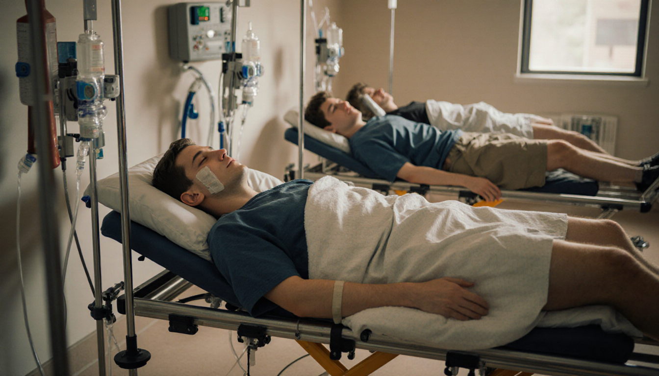 Hospital stretcher holds injured Brown students with IV poles and warm lighting