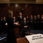 Rep Haley Stevens addresses Republican chamber from podium with dark wood paneling and Kennedy seated with impeachment packag