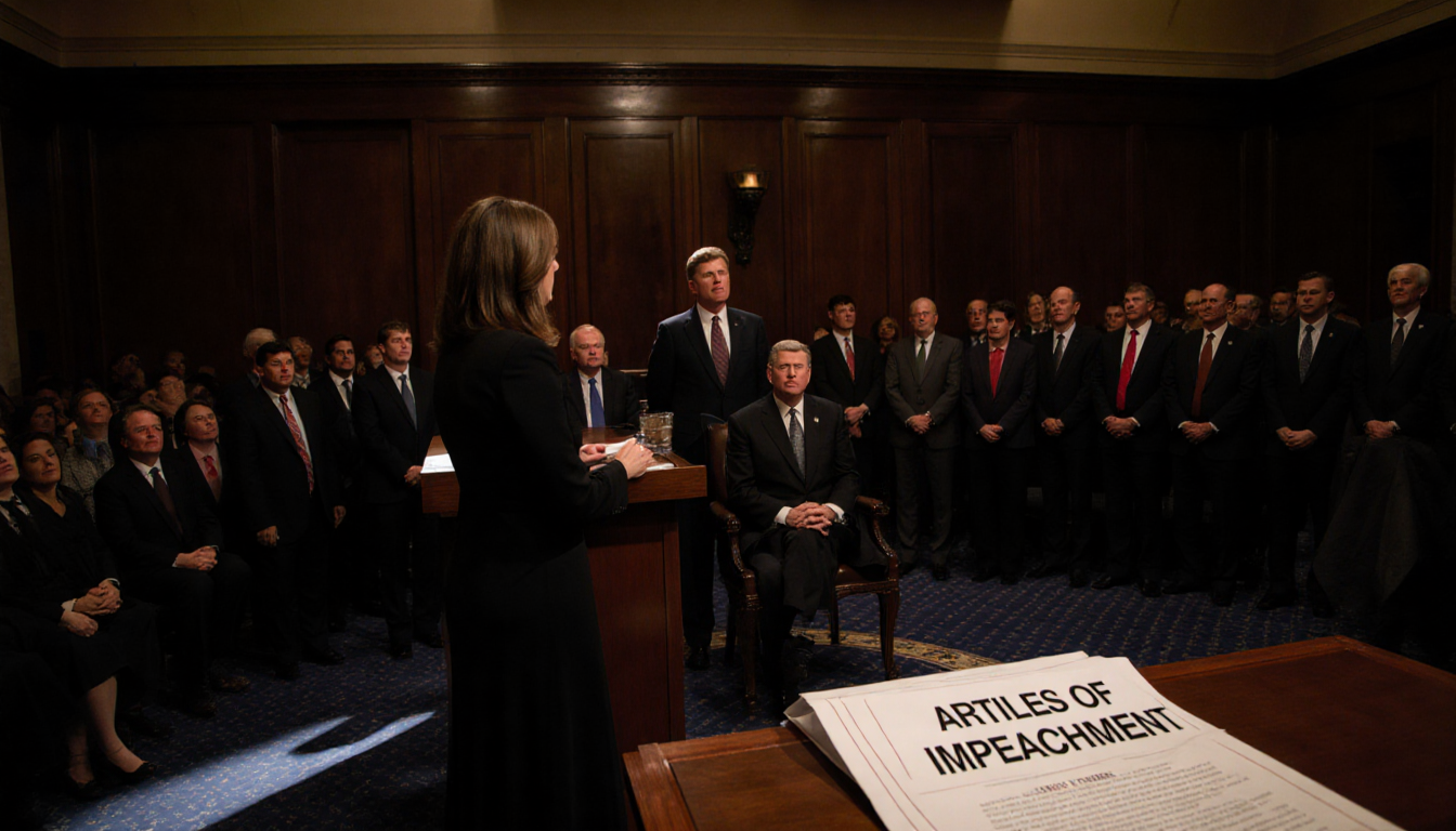 Rep Haley Stevens addresses Republican chamber from podium with dark wood paneling and Kennedy seated with impeachment packag