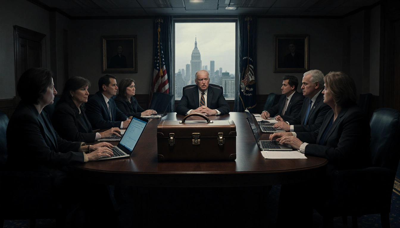 House Judiciary Committee chair addresses members in lit room with leather briefcase and cityscape visible through window