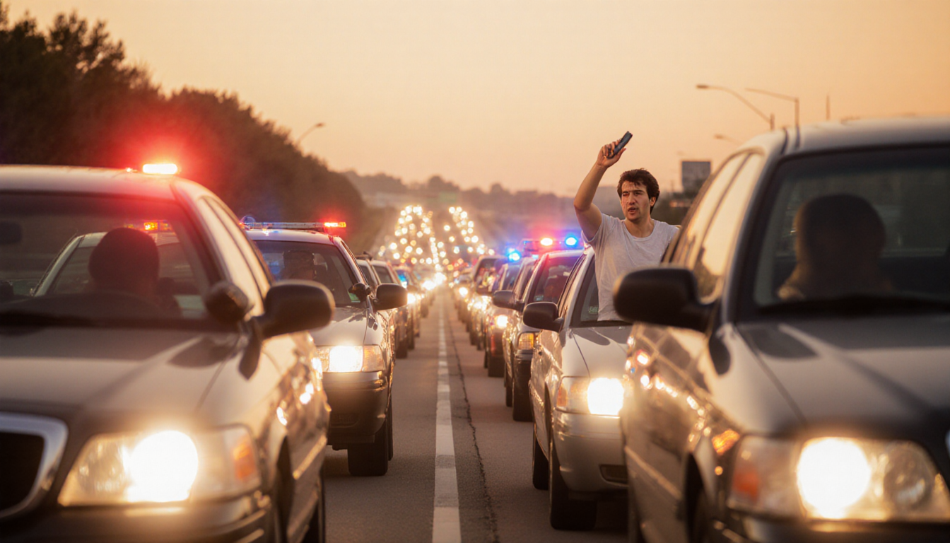 Cars driving southbound on northbound I-95 lane with bright headlights and frustrated drivers in chaotic commute