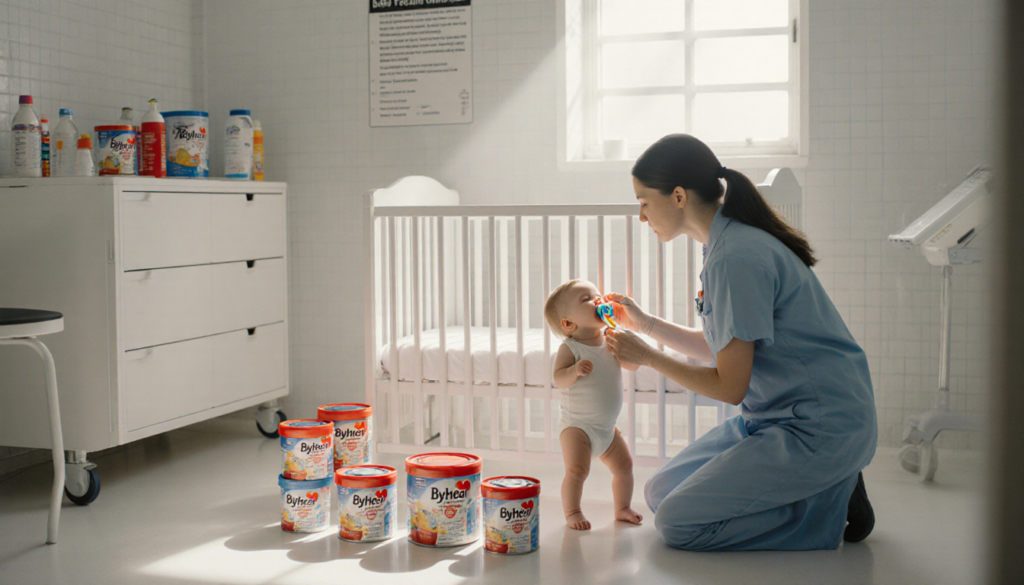Healthcare professional kneeling beside crib examining baby