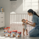 Healthcare professional kneeling beside crib examining baby