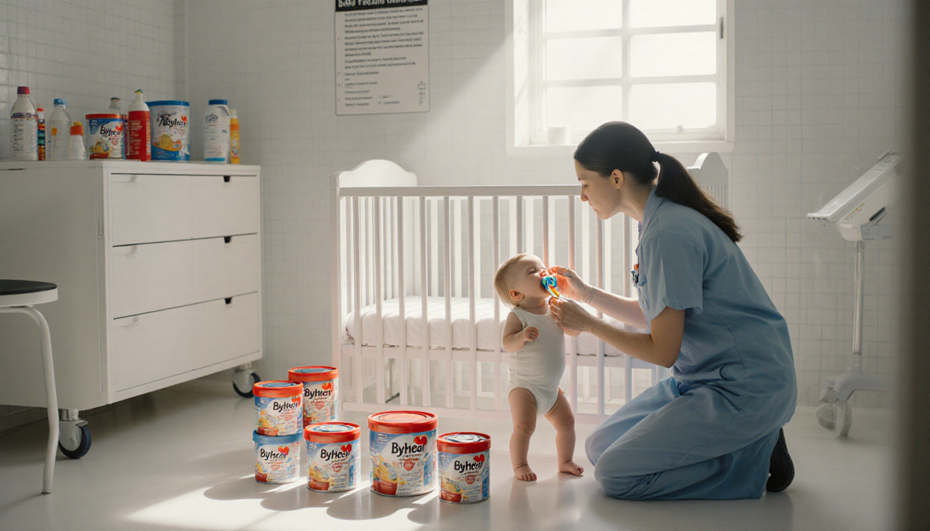 Healthcare professional kneeling beside crib examining baby
