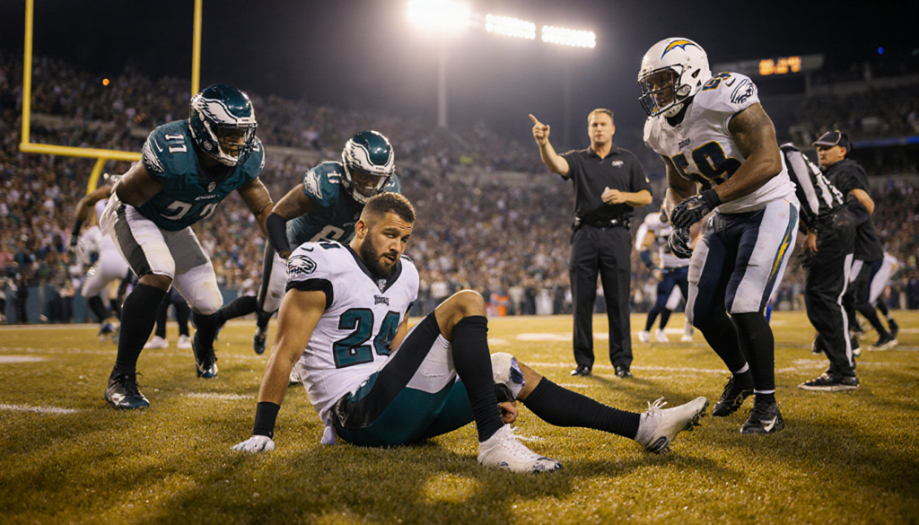 Landon Dickerson clutching his calf with teammates concerned and coaches instructing under golden stadium lights on wet grass