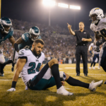 Landon Dickerson clutching his calf with teammates concerned and coaches instructing under golden stadium lights on wet grass