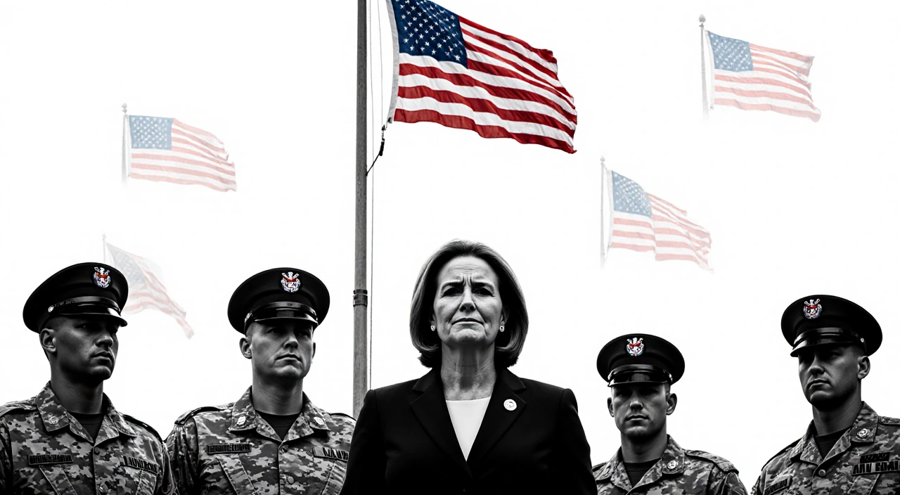 Governor Kim Reynolds speaking to families with half‑staffed Iowa flag and National Guard members honoring fallen soldiers.