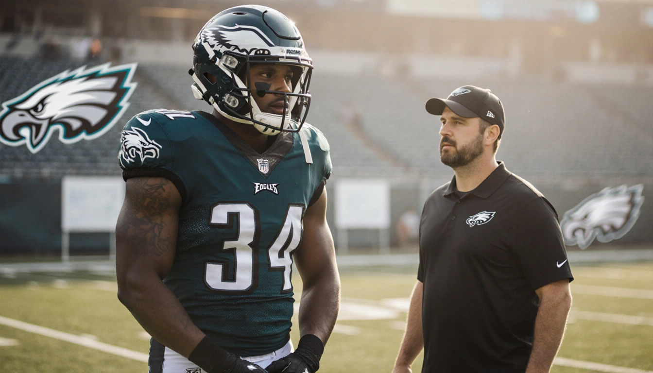 Jalen Carter Philadelphia Eagles tackle standing on the field with helmet and pads ready and Coach Sirianni watches nearby