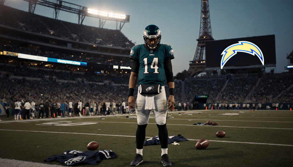 Jalen Hurts stands at midfield with the Eiffel Tower glowing behind and scattered footballs litter the field.